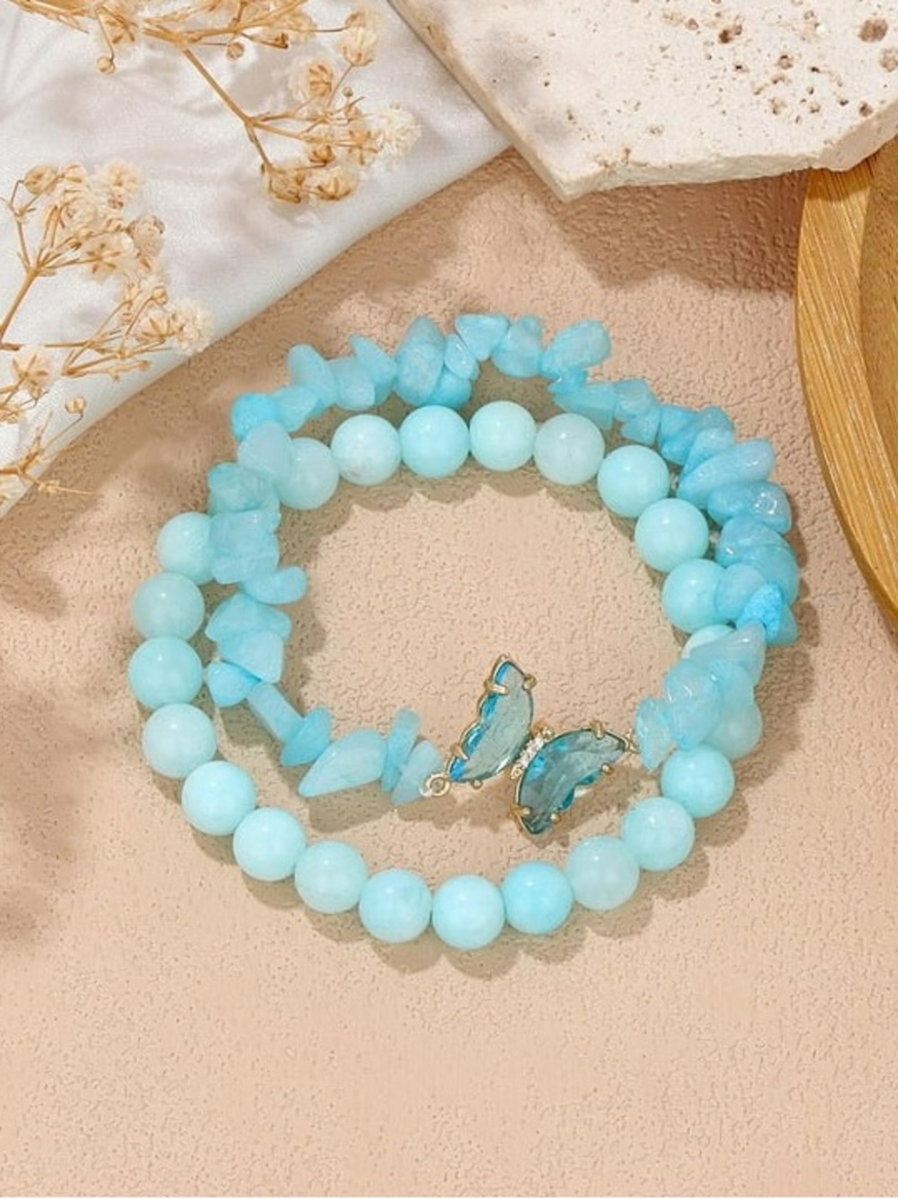 🆕New Light Blue Gemstone Bracelet with Butterfly Charm